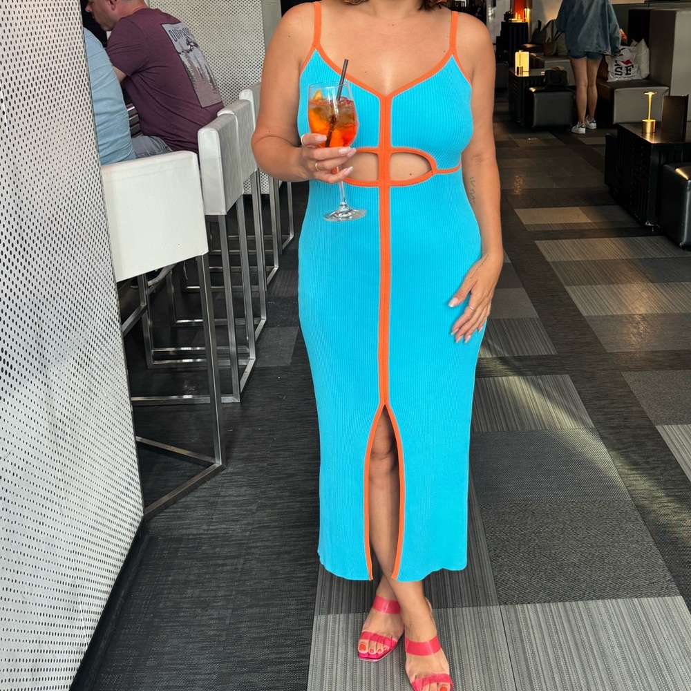 Anthropologie Blue Maxi Dress with Orange Trim